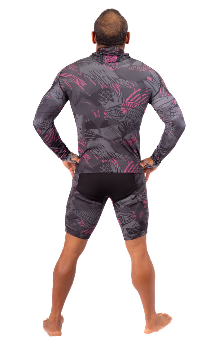 Rashguard de pêche sous-marine à capuche rose en arête de poisson