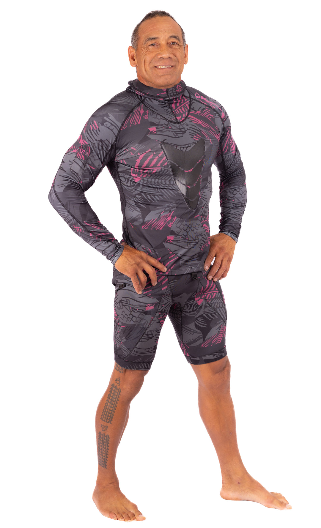 Rashguard de pesca submarina con capucha de espina de pescado rosa